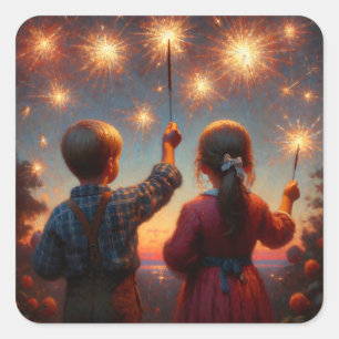 Happy Fourth Children with Sparklers Personalised Square Sticker