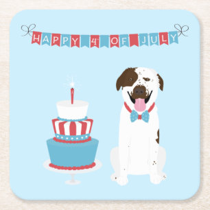 Happy Fourth of July Dog Red White Blue Square Paper Coaster