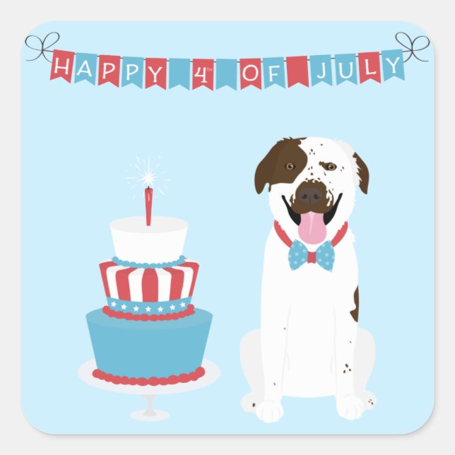 Happy Fourth of July Dog Red White Blue Square Sticker (Front)