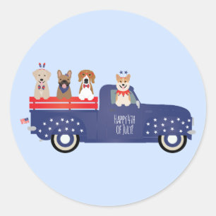 Happy Fourth Of July Dogs Pickup Truck Classic Round Sticker