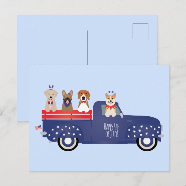 Happy Fourth Of July Dogs Pickup Truck Holiday Postcard (Front/Back)