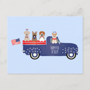 Happy Fourth Of July Dogs Pickup Truck Holiday Postcard