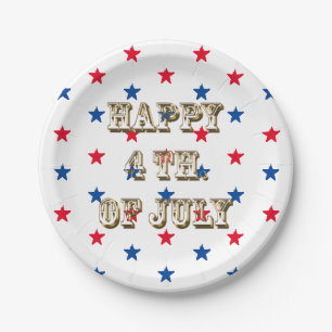 Happy fourth of July, gold red white blue stars Paper Plate