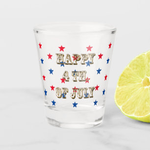 Happy fourth of July, gold, red white blue stars Shot Glass