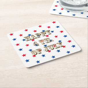 Happy fourth of July, gold, red white blue stars Square Paper Coaster
