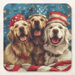 Happy Fourth Of July Golden Retriever Dogs Square Paper Coaster