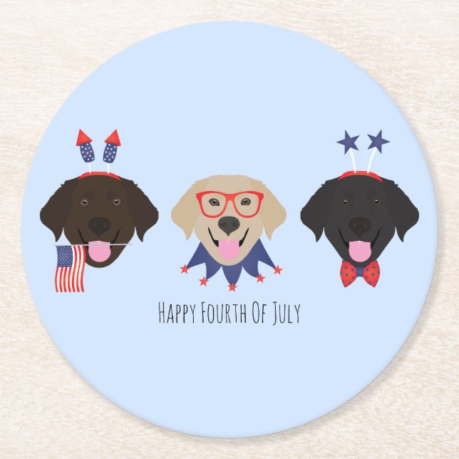 Happy Fourth Of July Labrador Retriever Dogs Round Paper Coaster (Front)