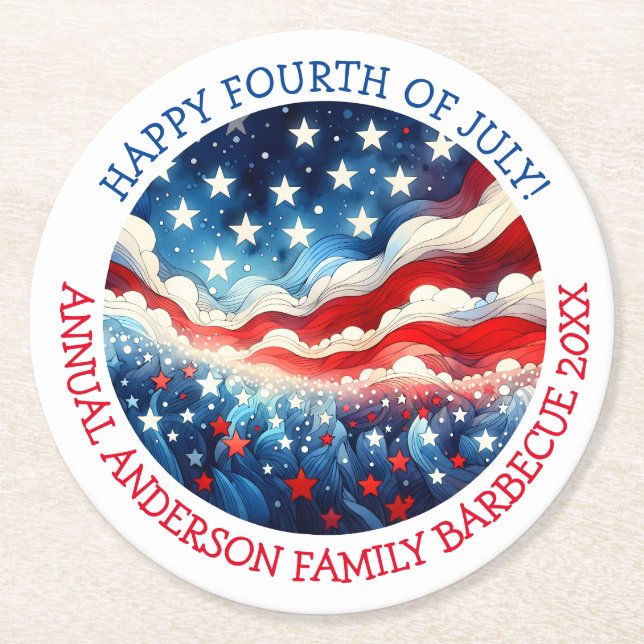 Happy Fourth of July Personalised Round Paper Coaster (Front)