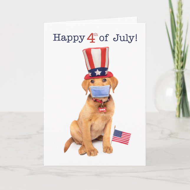 Happy Fourth of July Puppy in Face Mask Holiday Card (Front)