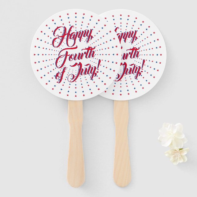Happy Fourth of July red white blue stars firework Hand Fan (Front and Back)
