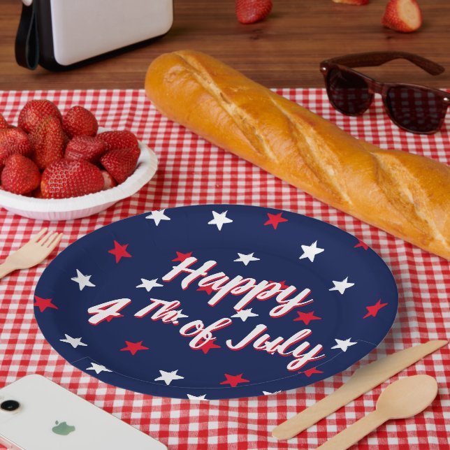 Happy fourth of July script red white blue stars Paper Plate (Picnic)