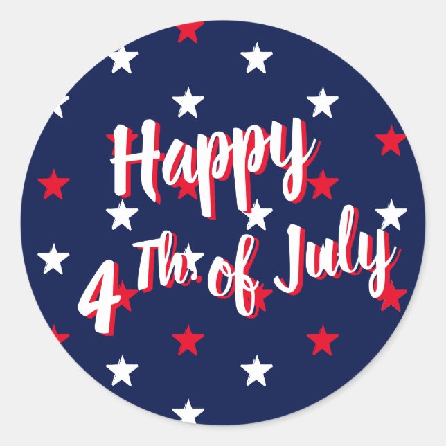 Happy fourth of July script red white navy stars Classic Round Sticker (Front)