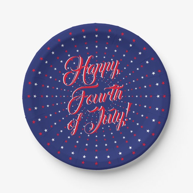 Happy Fourth of July script red white navy stars Paper Plate (Front)