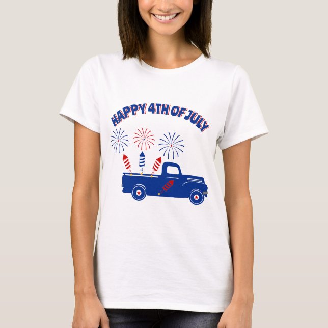 Happy Fourth of July truck with firecrackers T-Shirt (Front)
