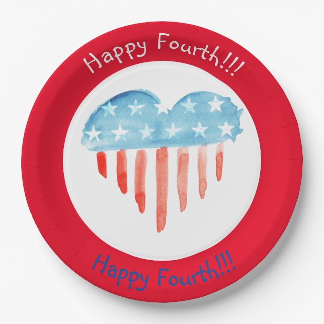 HAPPY FOURTH ROUND RED (HEART FLAG) PAPER PLATES (Front)
