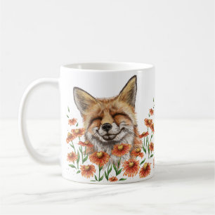 Happy fox in helenium flowers coffee mug