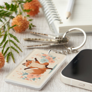 Happy Fox with Flowers – Cute Whimsical Animal Art Key Ring
