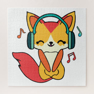 Happy fox with headphones listening to music.  jigsaw puzzle