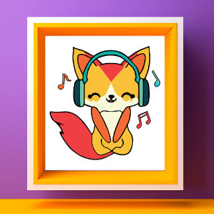 Happy fox with headphones listening to music.  photo print