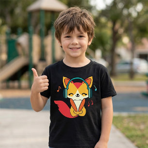 Happy fox with headphones listening to music.  T-Shirt