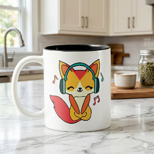 Happy fox with headphones listening to music.  Two-Tone coffee mug