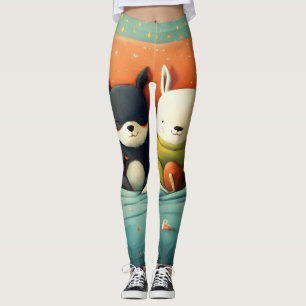 happy friends cuddling all over print leggings
