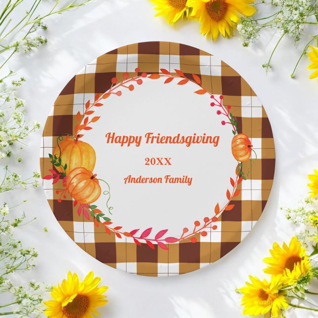 Happy Friends Giving Brown Plaid Paper Plate (Creator Uploaded)