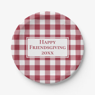 Happy Friendsgiving Burgundy White Gingham Plaid Paper Plate