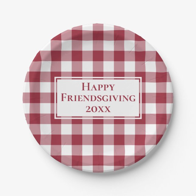 Happy Friendsgiving Burgundy White Gingham Plaid Paper Plate (Front)
