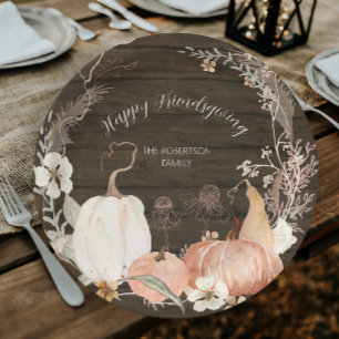 Happy Friendsgiving Fall Pumpkin Watercolor Floral Paper Plate