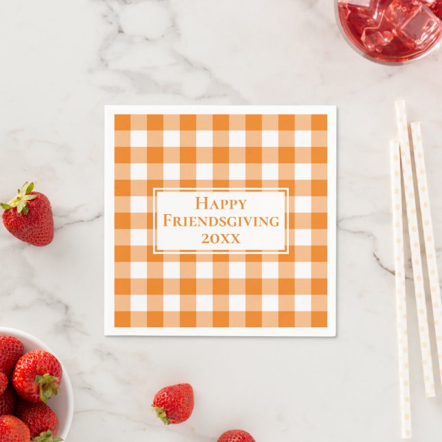 Happy Friendsgiving Name Orange Gingham Check Napkin (Insitu)