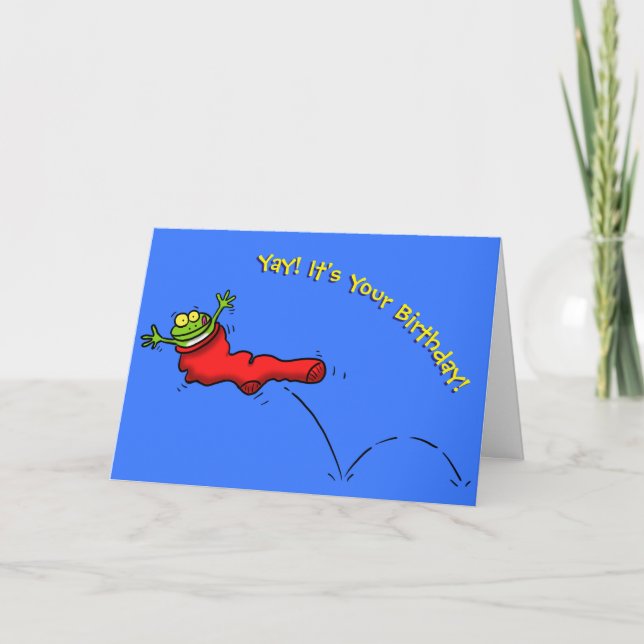 Happy frog in red sock cartoon funny birthday card (Front)