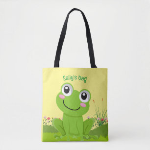 Happy frog tote bag- pale lemon background.  bag