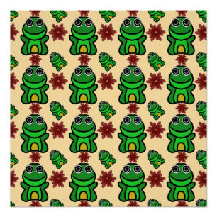 Happy Froggy Garden: Cute Green Frog & Red Flower  Poster