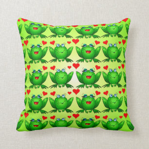 Happy Frogs Cartoon Love Hearts Green Cushion