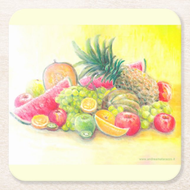 Happy fruits   square paper coaster (Front)