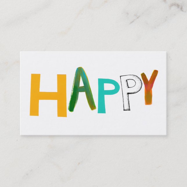Happy fun colourful word art unique font design business card (Front)