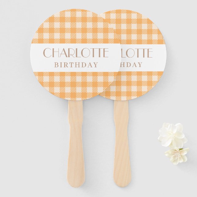 Happy Fun Orange gingham plaid checked birthday Hand Fan (Front and Back)