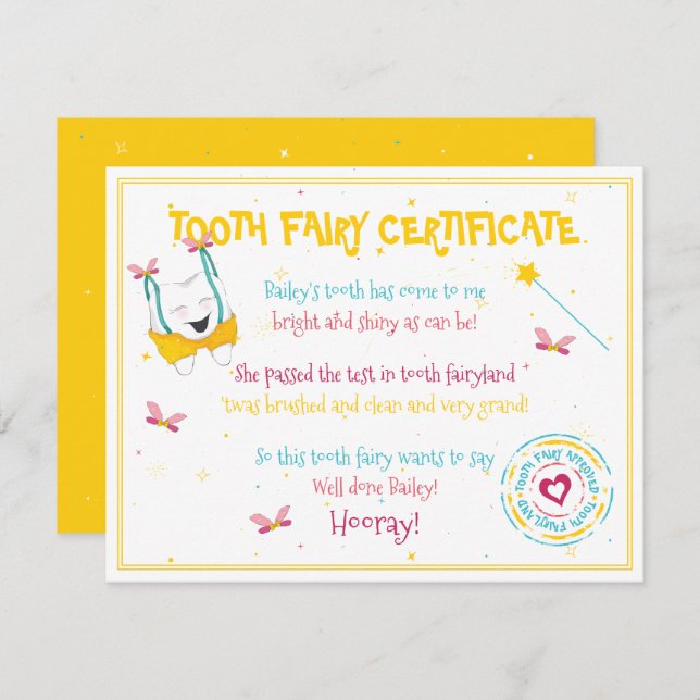 Happy Fun Tooth Fairy Certificate Yellow Colour Po Card (Front/Back)