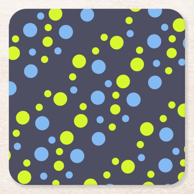 Happy Funky Yellow Blue Bubbles Square Paper Coaster (Front)
