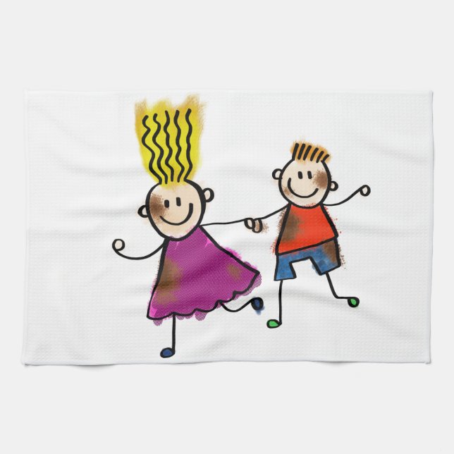 Happy Funny Kids Couple Drawing Doodle Cartoon Tea Towel (Horizontal)