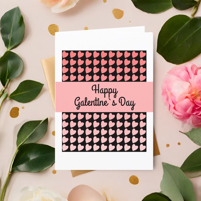 Happy Galentine`s Day Pink Black Heart Pattern Holiday Card (Creator Uploaded)