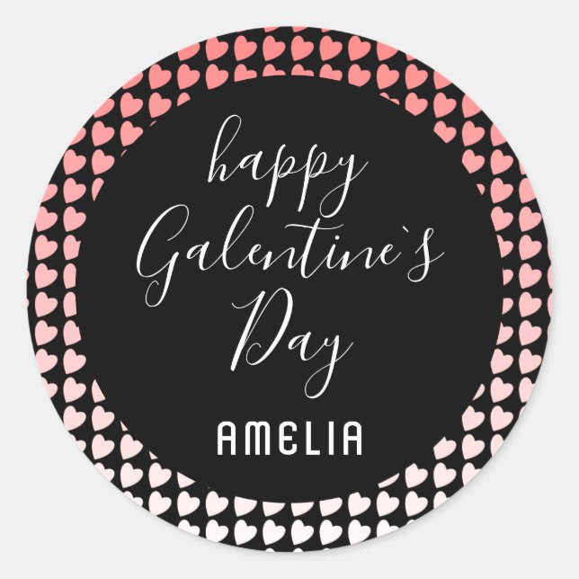 Happy Galentine`s Day Pink White Heart Pattern Classic Round Sticker (Front)