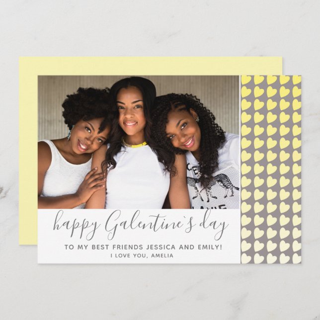 Happy Galentine`s Day Yellow Heart Photo Friend Holiday Card (Front/Back)