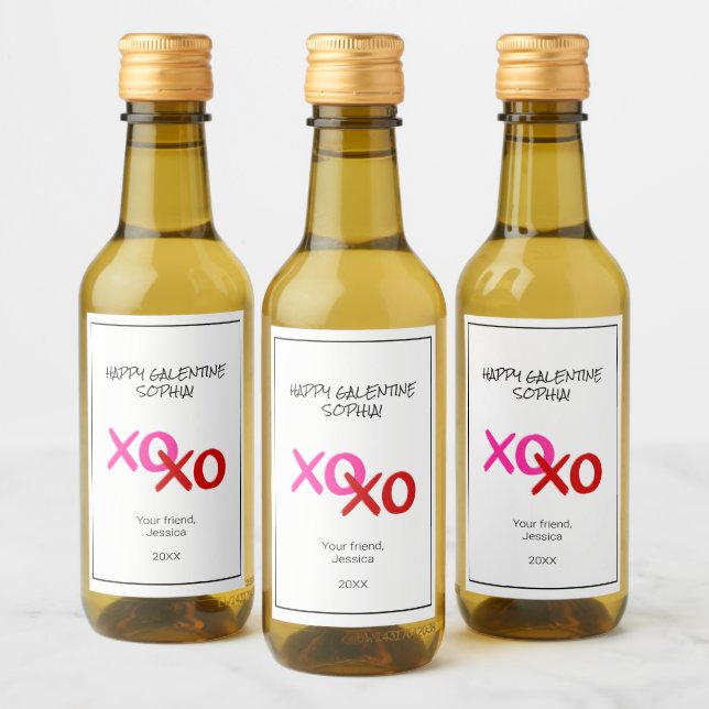 Happy Galentine XOXO Hugs and Kisses Pink Red Wine Label (Bottles)