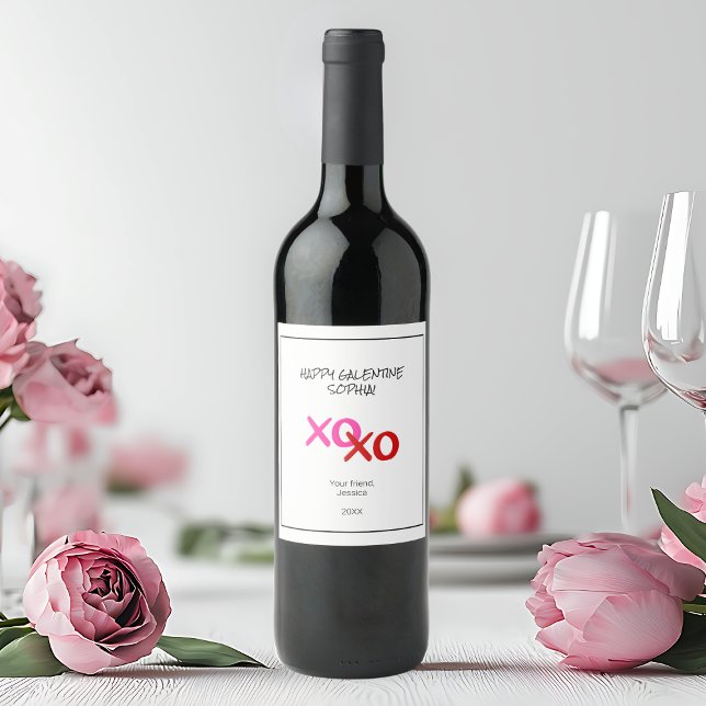 Happy Galentine XOXO Hugs and Kisses Pink Red Wine Label (Happy Galentine XOXO Hugs and Kisses Pink Red Wine Label)
