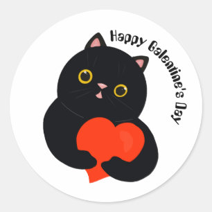 Happy Galentine's Day black kitten gives a heart Classic Round Sticker