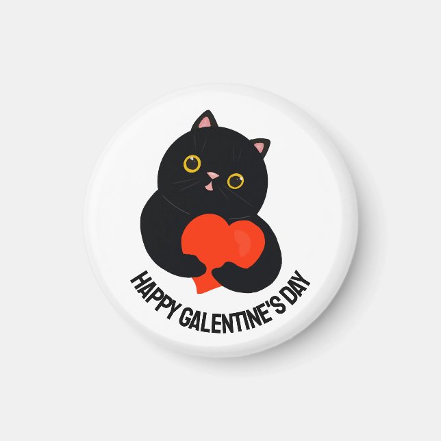 Happy Galentine's Day black kitten gives a heart Magnet (Front)