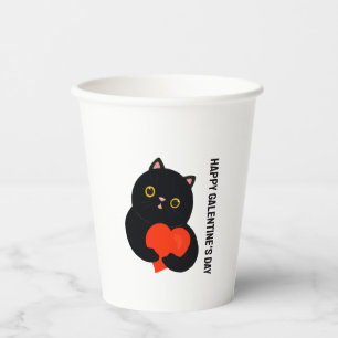 Happy Galentine's Day black kitten gives a heart Paper Cups