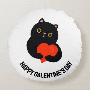 Happy Galentine's Day black kitten gives a heart Round Cushion